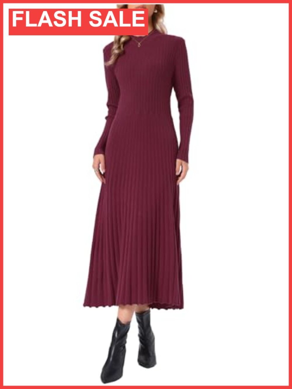 Pleated Sweater Dress Long Sleeve Bodycon Maxi Ribbed Knit Mock Neck A-Line